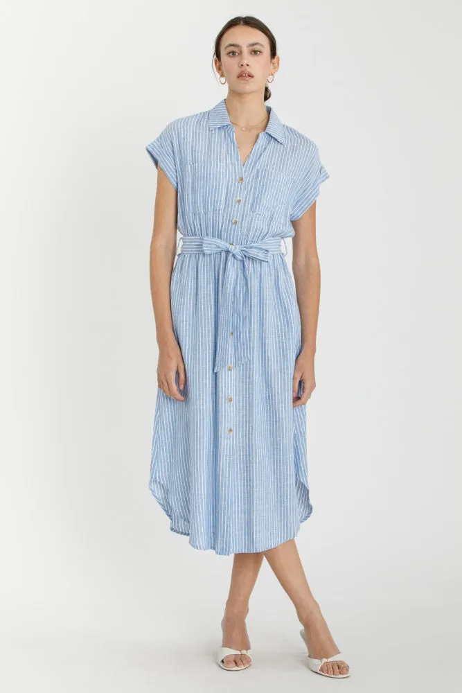 Blue Striped Sash Tie Midi Shirt Dress sold by Pinkblush