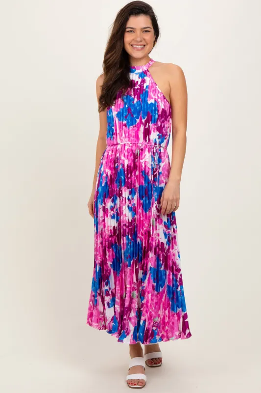 Magenta Floral Satin Pleated Halter Neck Midi Dress sold by Pinkblush
