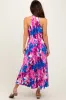 Magenta Floral Satin Pleated Halter Neck Midi Dress sold by Pinkblush