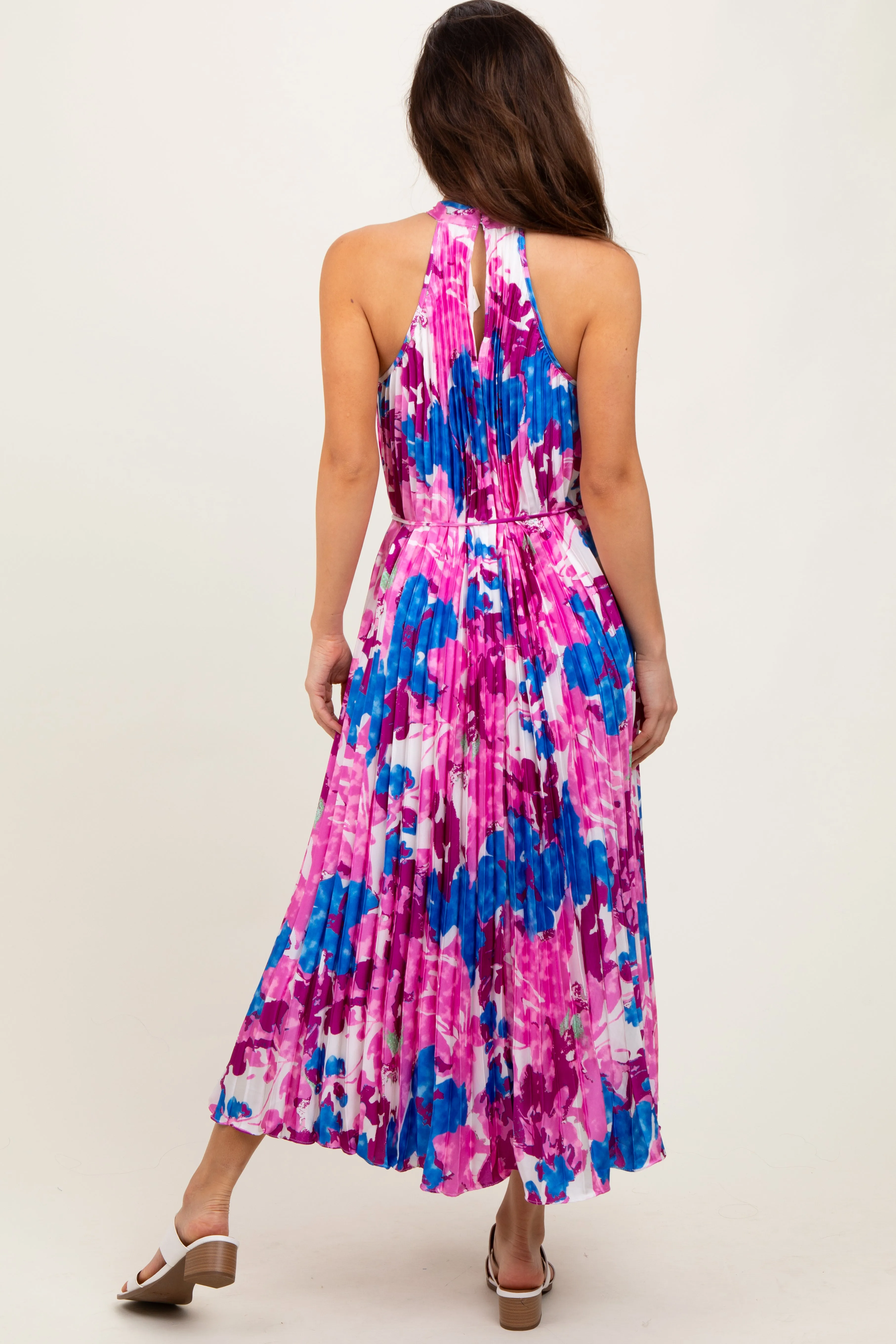 Magenta Floral Satin Pleated Halter Neck Midi Dress sold by Pinkblush product image thumbnail 3