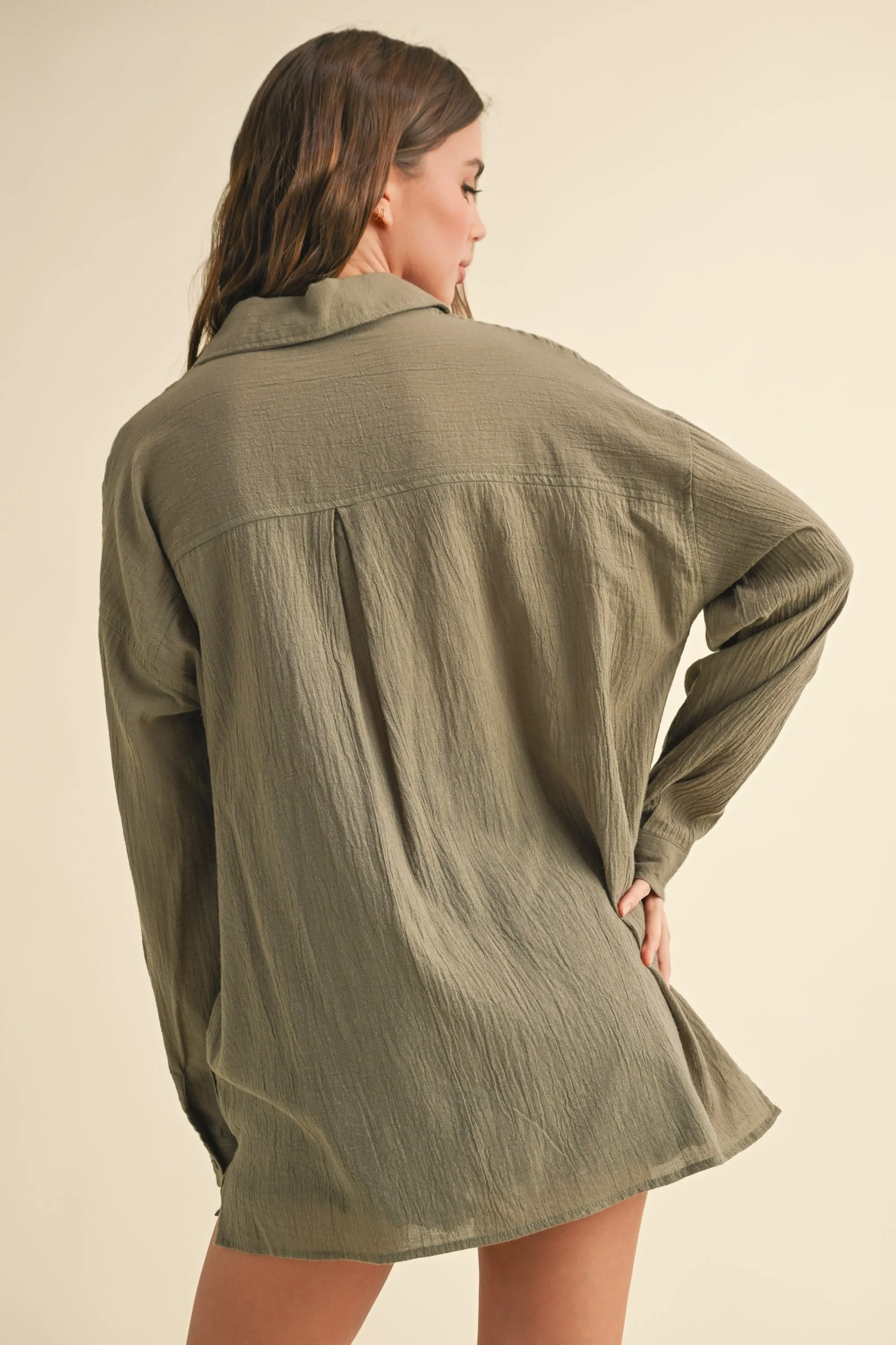 Olive Cotton Gauze Oversized Button Down Shirt sold by Pinkblush product image thumbnail 3