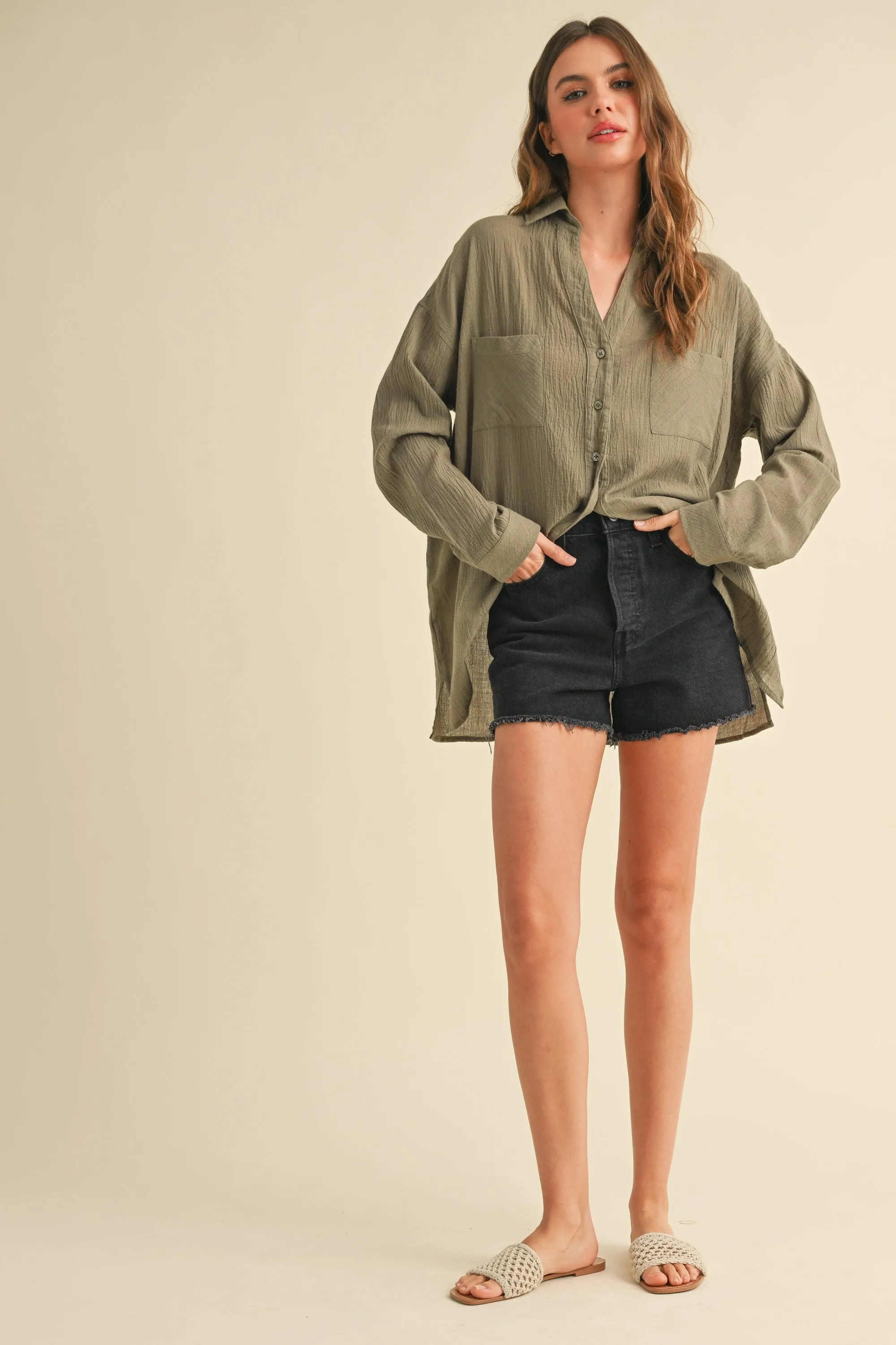 Olive Cotton Gauze Oversized Button Down Shirt sold by Pinkblush product image thumbnail 4
