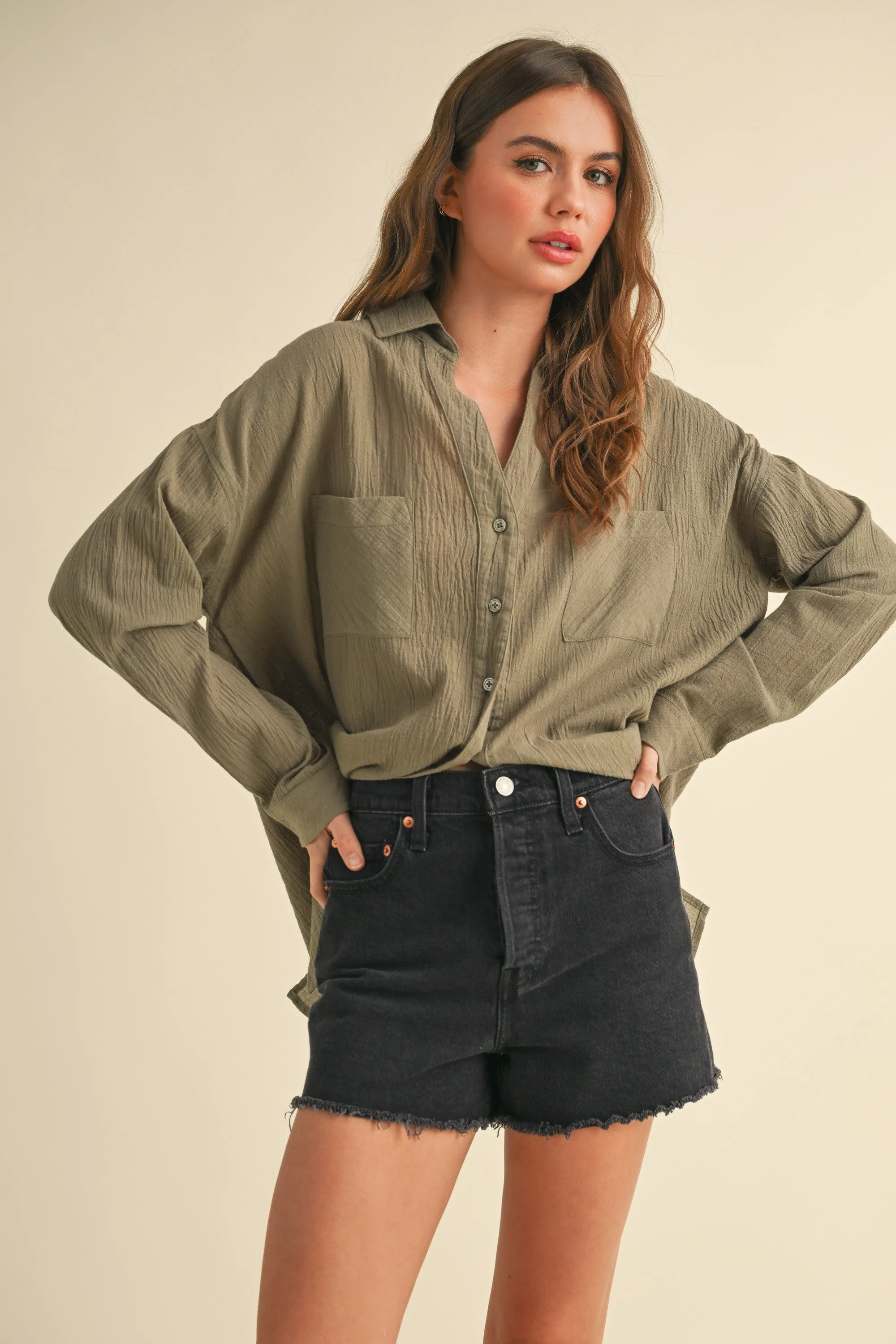 Olive Cotton Gauze Oversized Button Down Shirt sold by Pinkblush