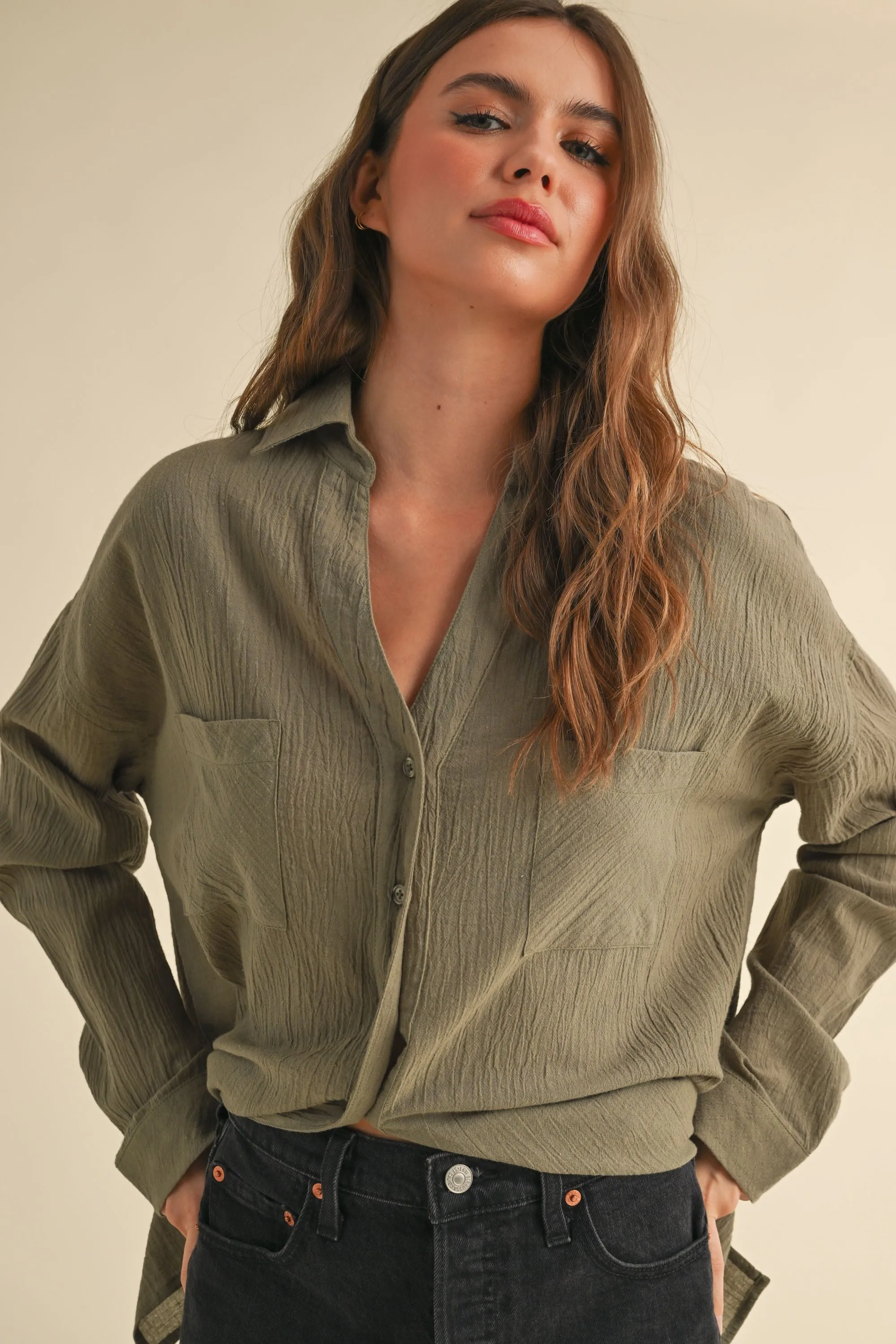 Olive Cotton Gauze Oversized Button Down Shirt sold by Pinkblush product image thumbnail 5
