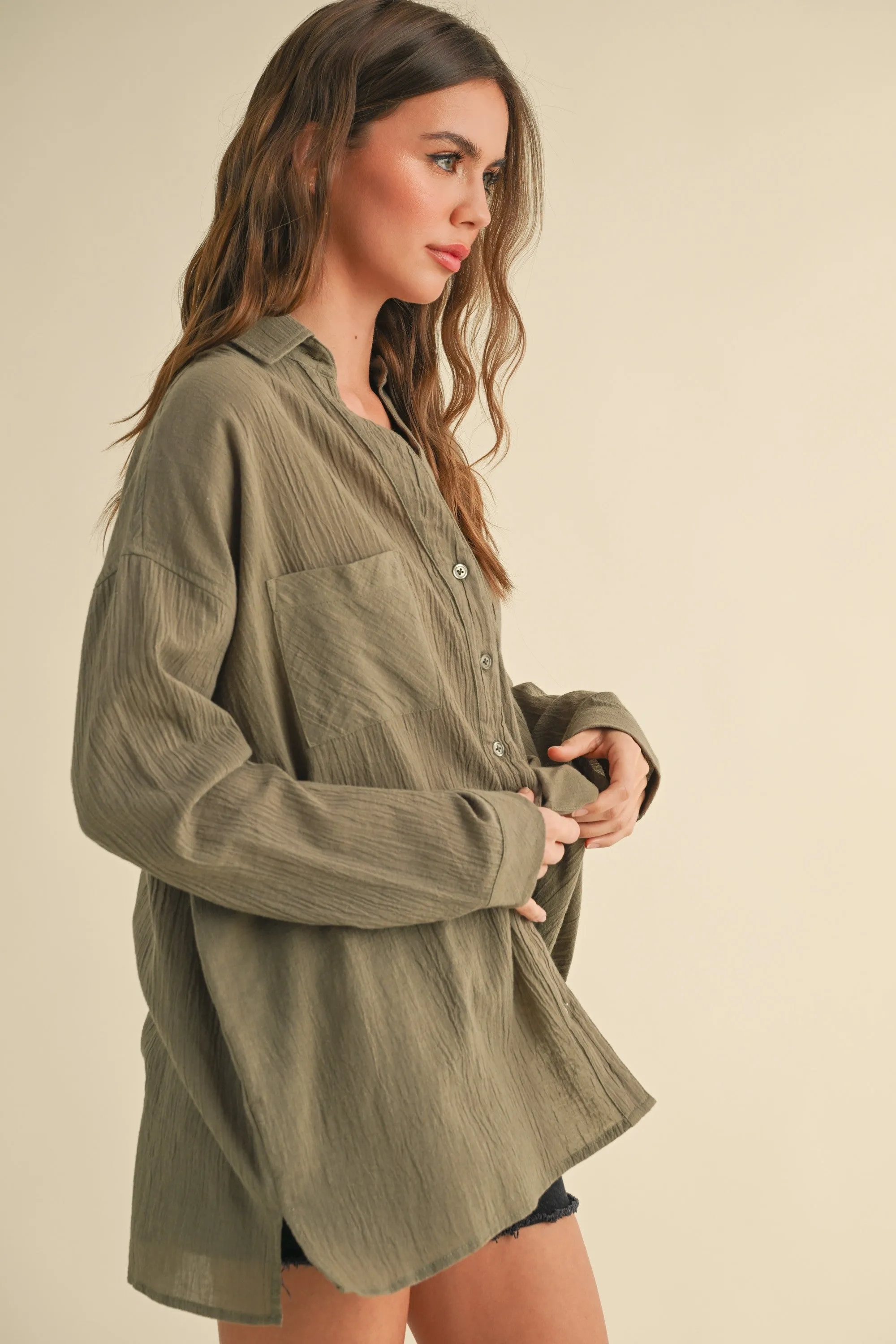 Olive Cotton Gauze Oversized Button Down Shirt sold by Pinkblush product image thumbnail 2