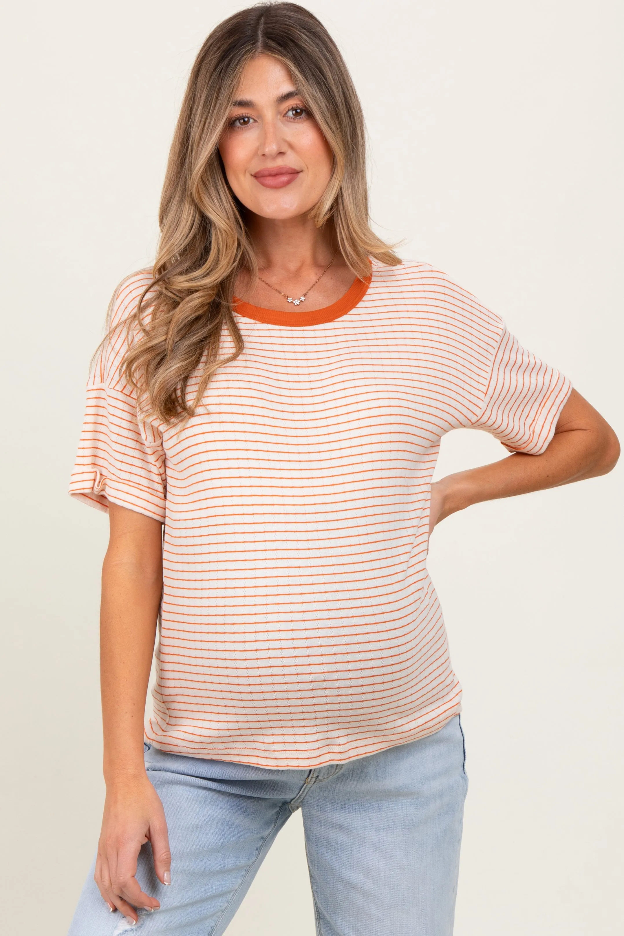 Orange Pointelle Knit Striped Maternity Top sold by Pinkblush