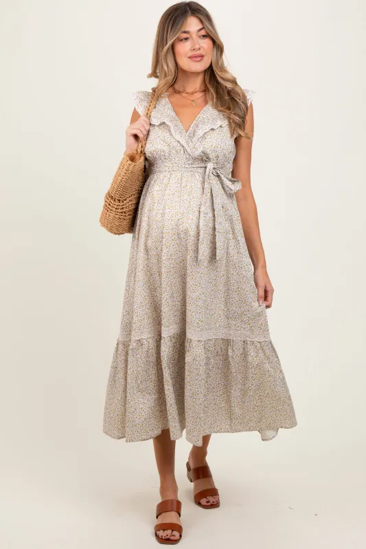 Cream Ruffled Floral Cotton Maternity Maxi Dress sold by Pinkblush