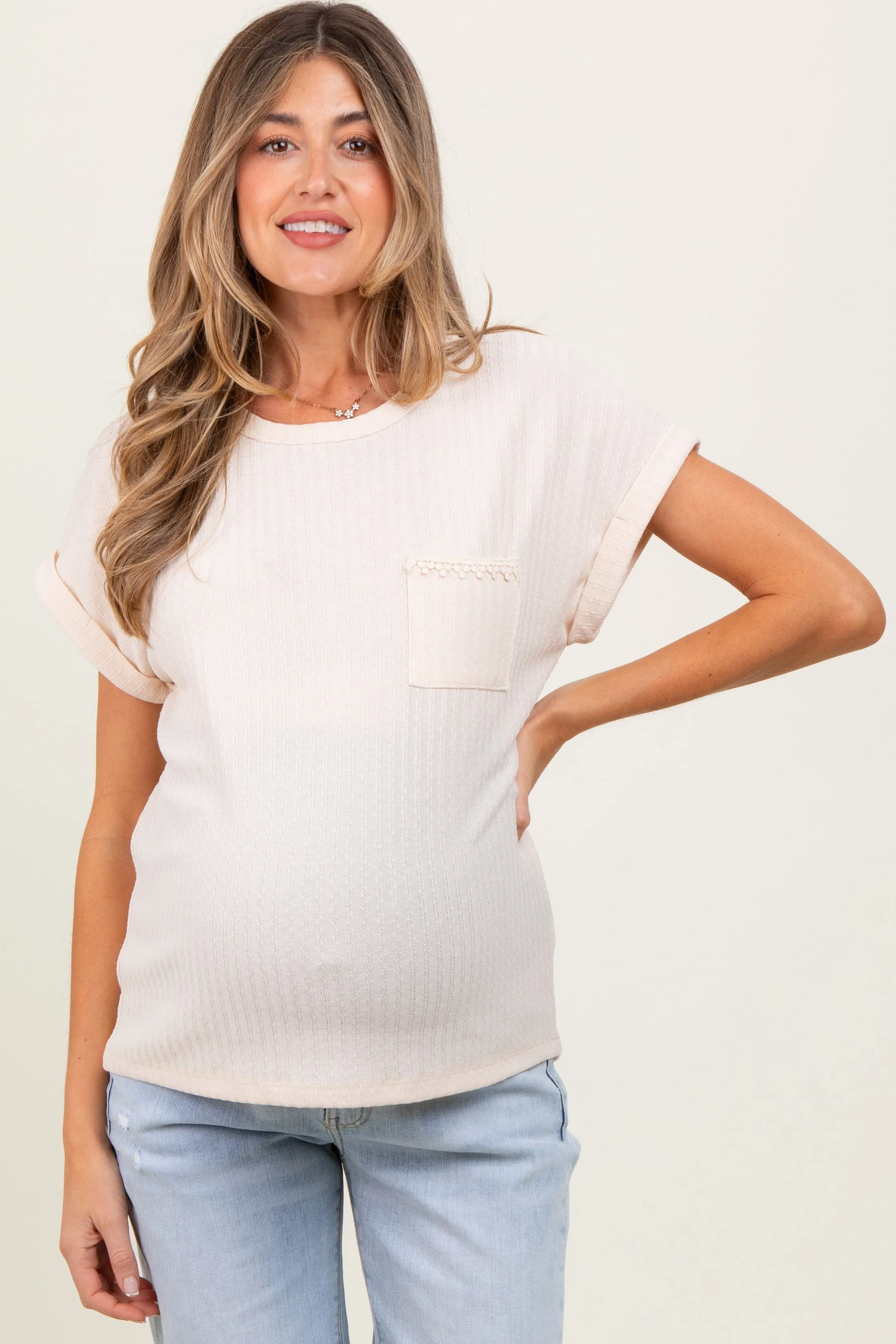 Ivory Pointelle Knit Front Pocket Maternity Top sold by Pinkblush product image thumbnail 2