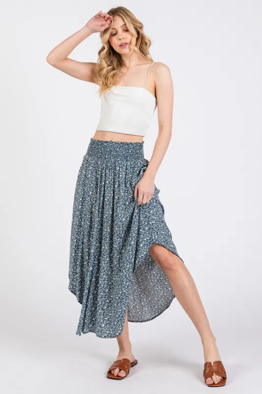 Blue Floral Smocked Waist Midi Skirt sold by Pinkblush