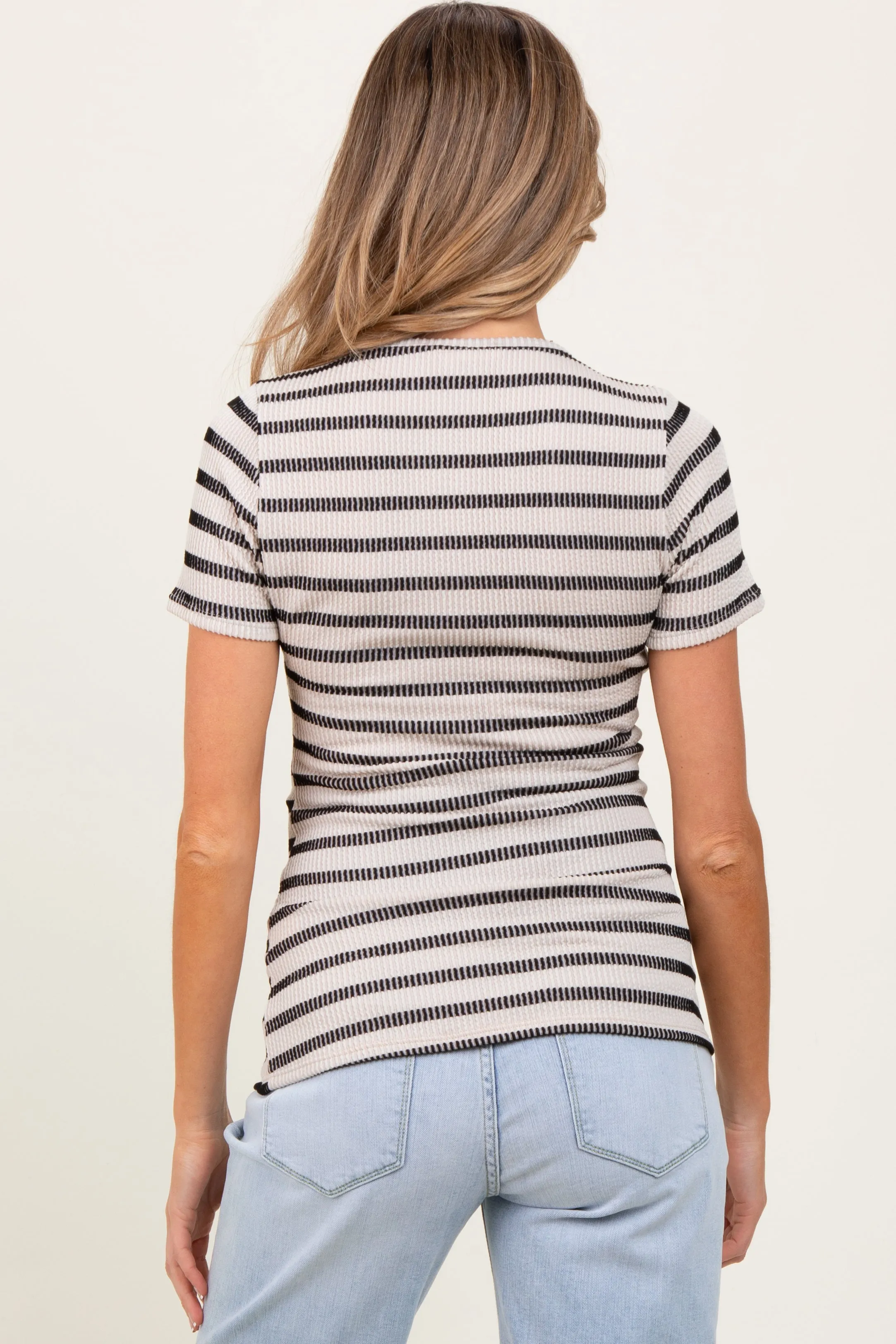 Beige Black Stripe Short Sleeve Round Neck Maternity Top sold by Pinkblush product image thumbnail 4