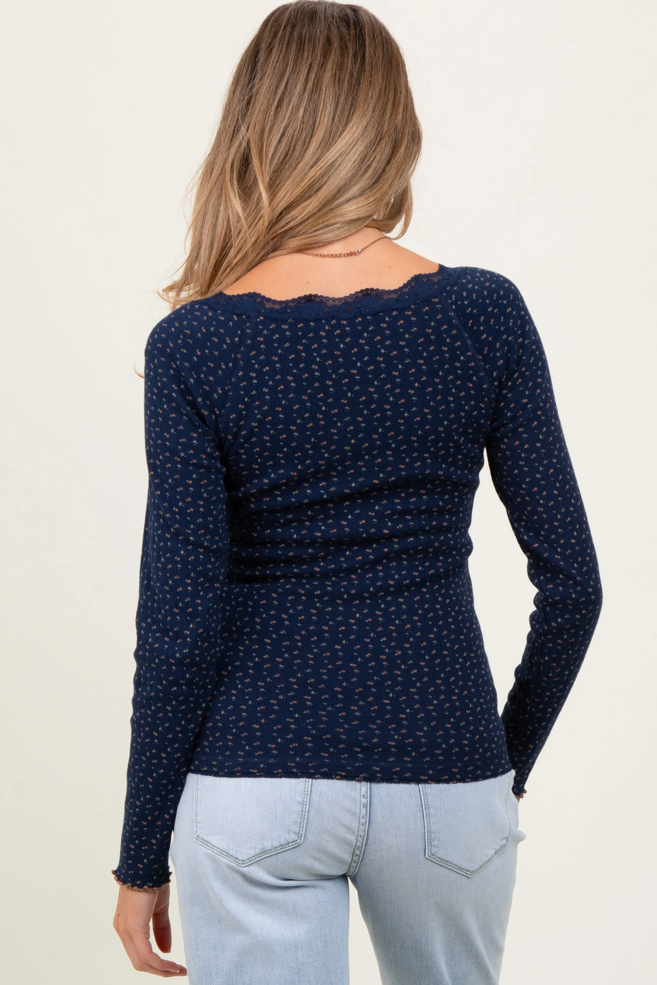 Navy Lace Trim Floral Fitted Top sold by Pinkblush product image thumbnail 4