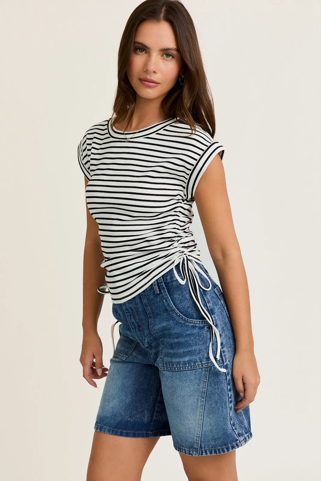 White Striped Ruched Side Tie Top sold by Pinkblush