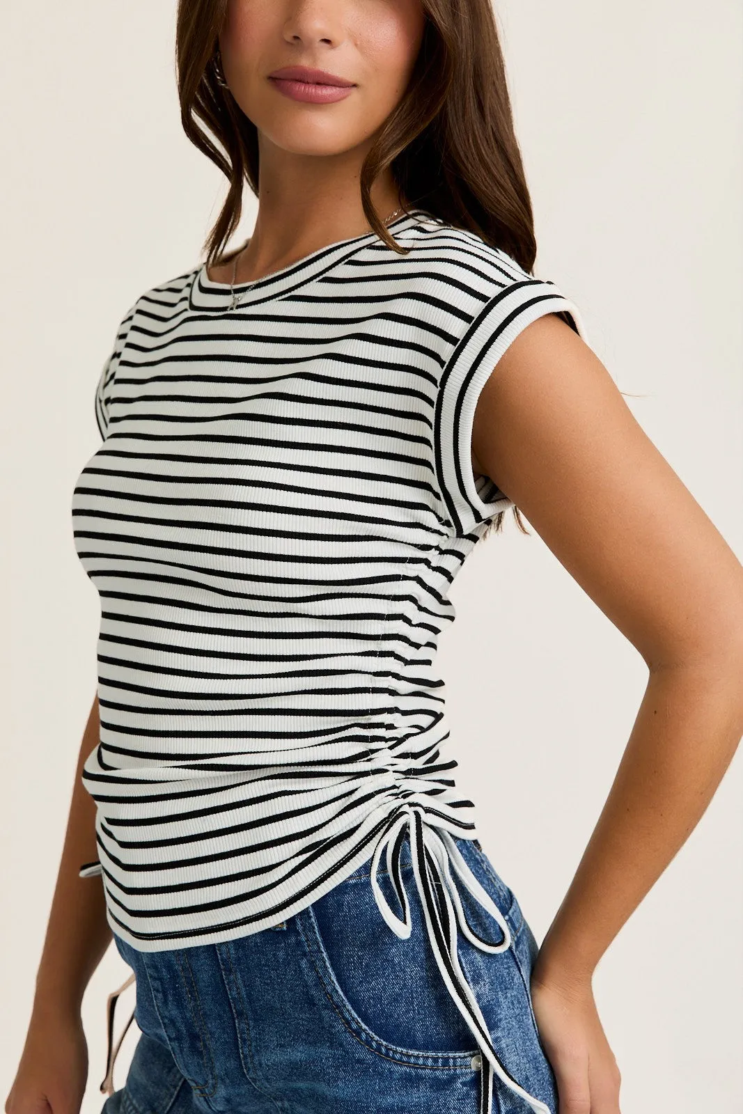 White Striped Ruched Side Tie Top sold by Pinkblush product image thumbnail 5