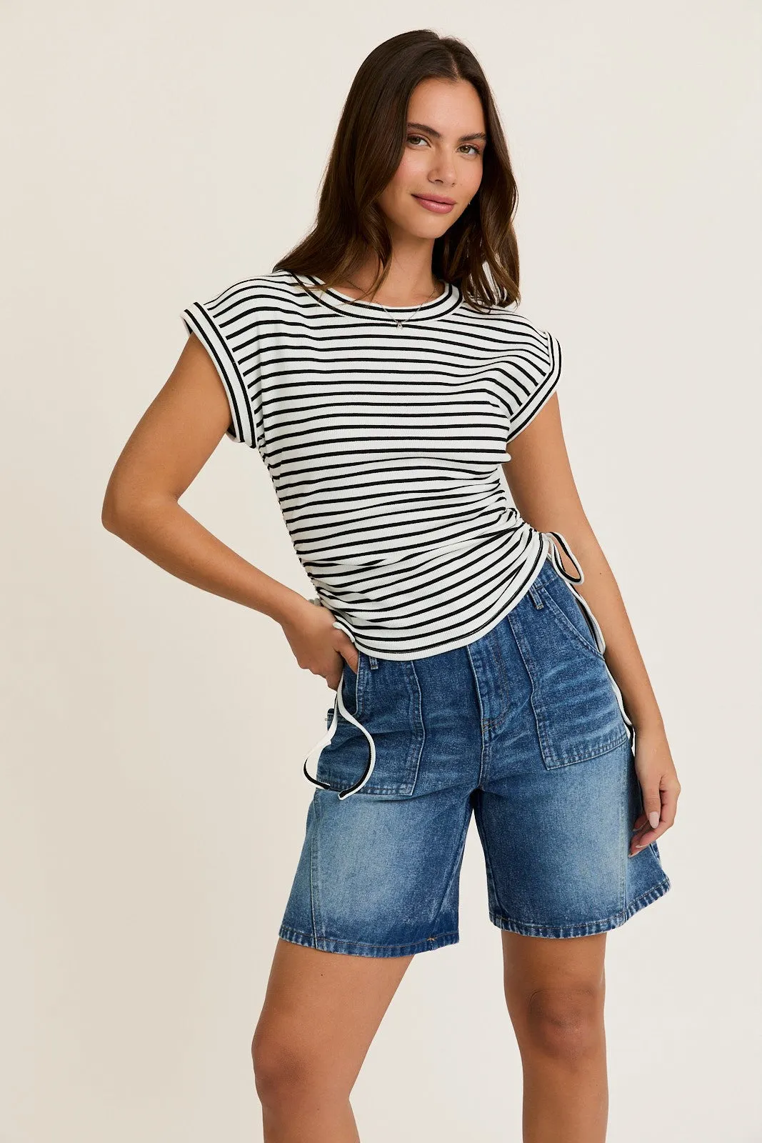 White Striped Ruched Side Tie Top sold by Pinkblush product image thumbnail 2