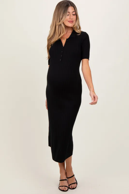 Black Ribbed Knit Button Up Maternity Midi Dress sold by Pinkblush