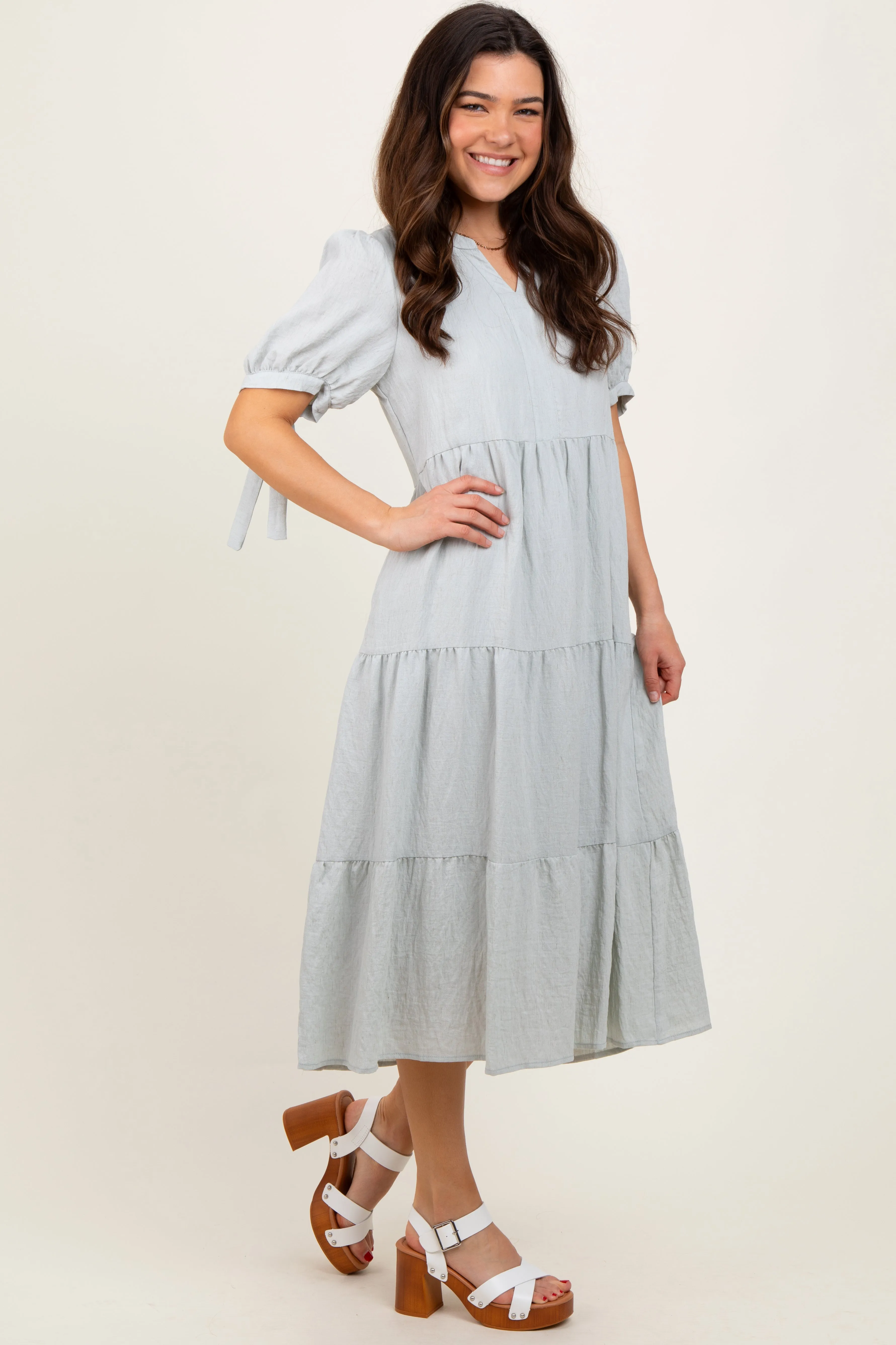 Light Blue Split V-Neck Sleeve Tie Tiered Midi Dress sold by Pinkblush product image thumbnail 2