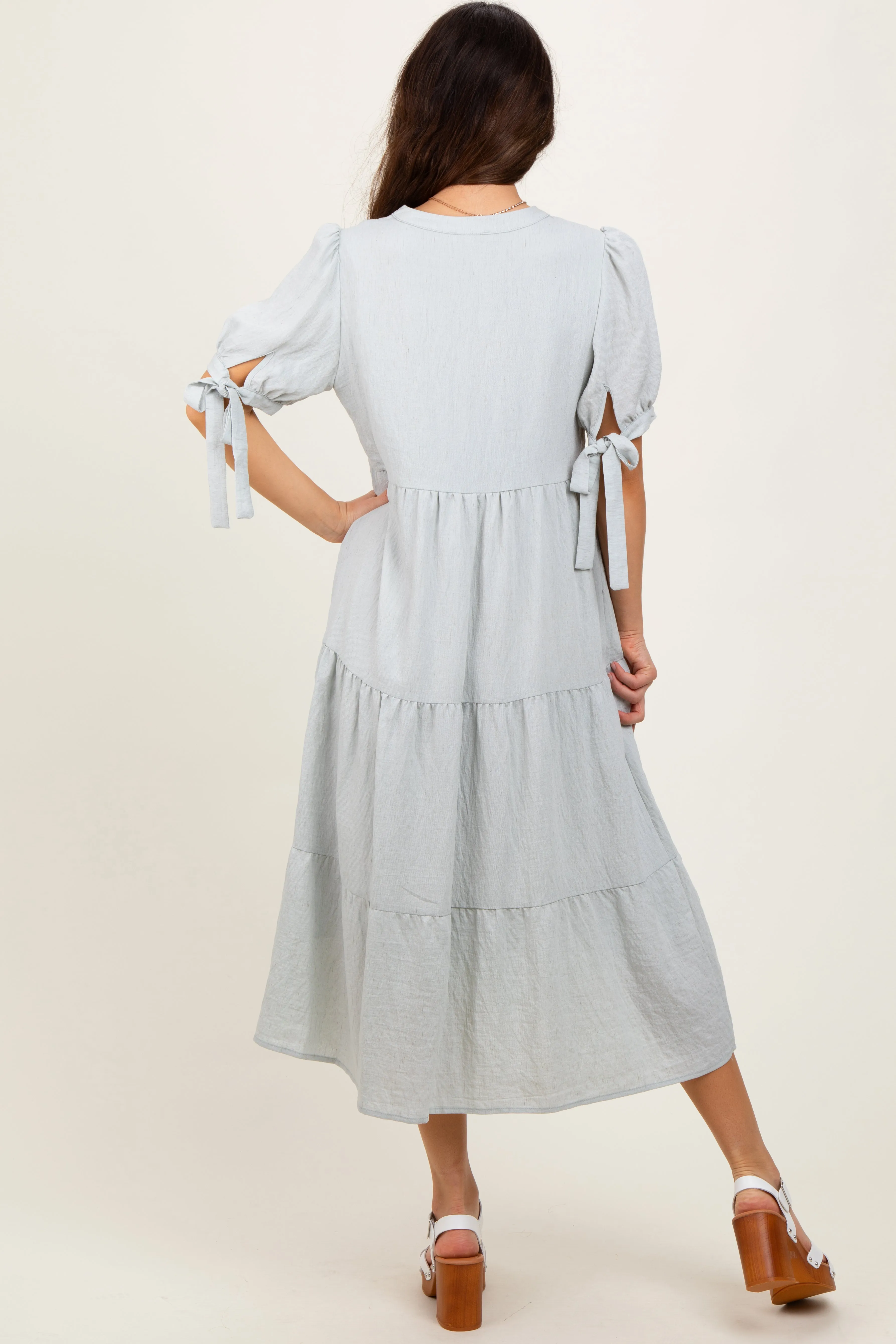 Light Blue Split V-Neck Sleeve Tie Tiered Midi Dress sold by Pinkblush product image thumbnail 3