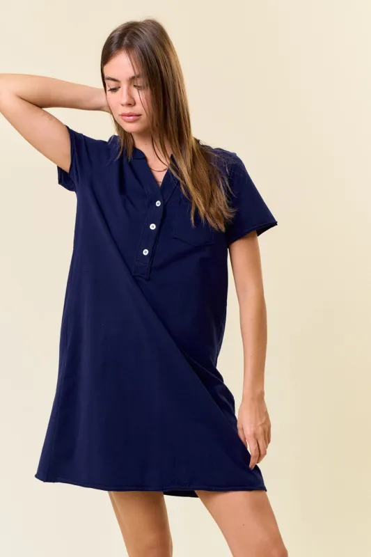 Navy Unfinished Seam Short Sleeve Mini Dress sold by Pinkblush