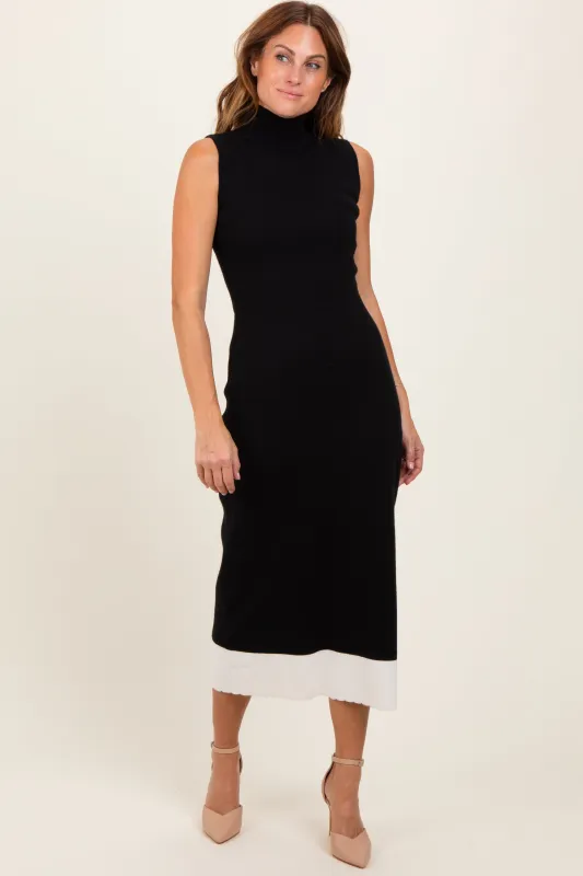 Black Knit Contrast Hem Mock Neck Sleeveless Midi Dress sold by Pinkblush