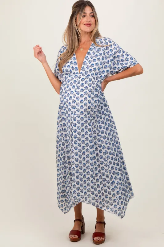 Navy Floral Deep V-Neck Handkerchief Hem Maternity Maxi Dress sold by Pinkblush