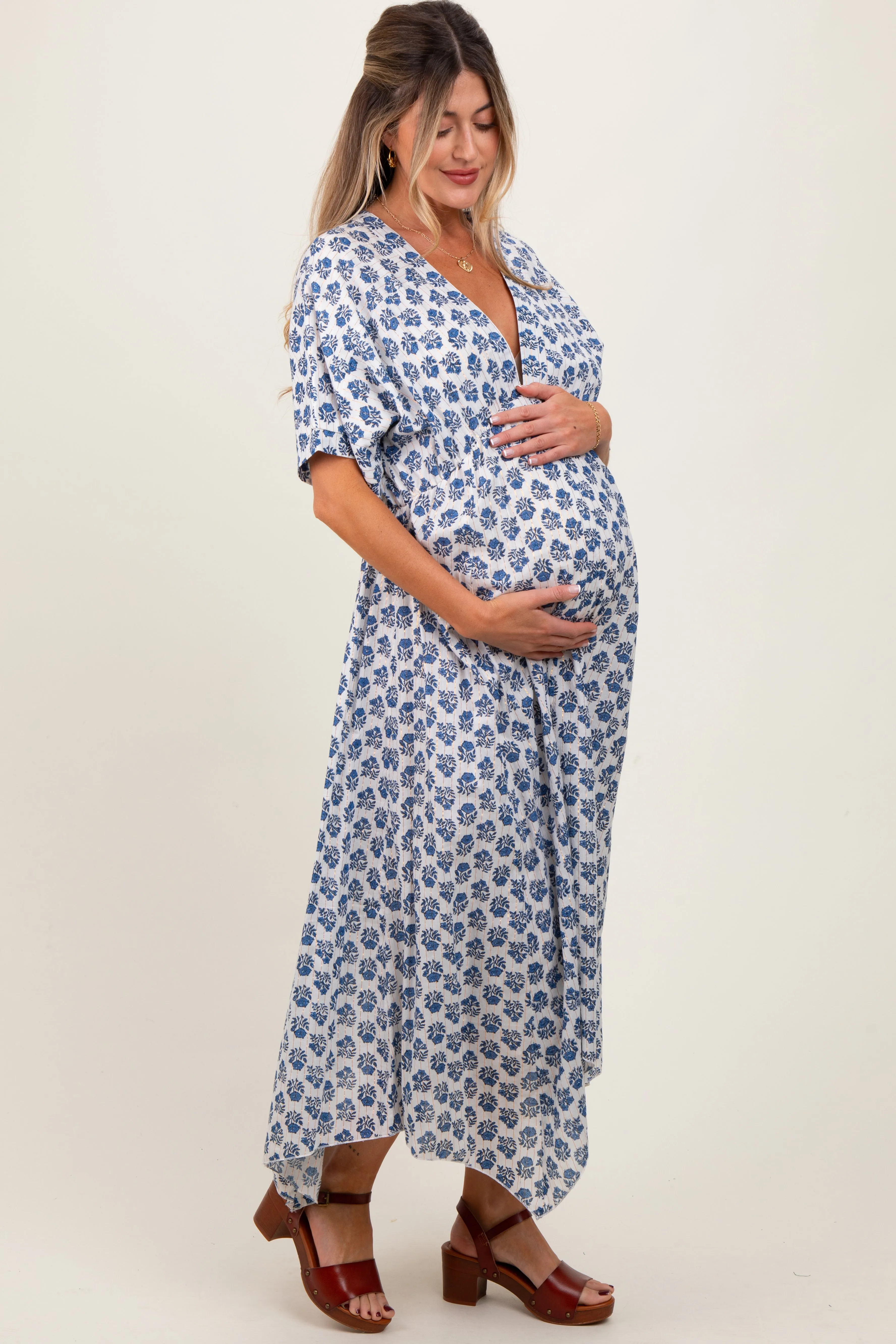 Navy Floral Deep V-Neck Handkerchief Hem Maternity Maxi Dress sold by Pinkblush product image thumbnail 2
