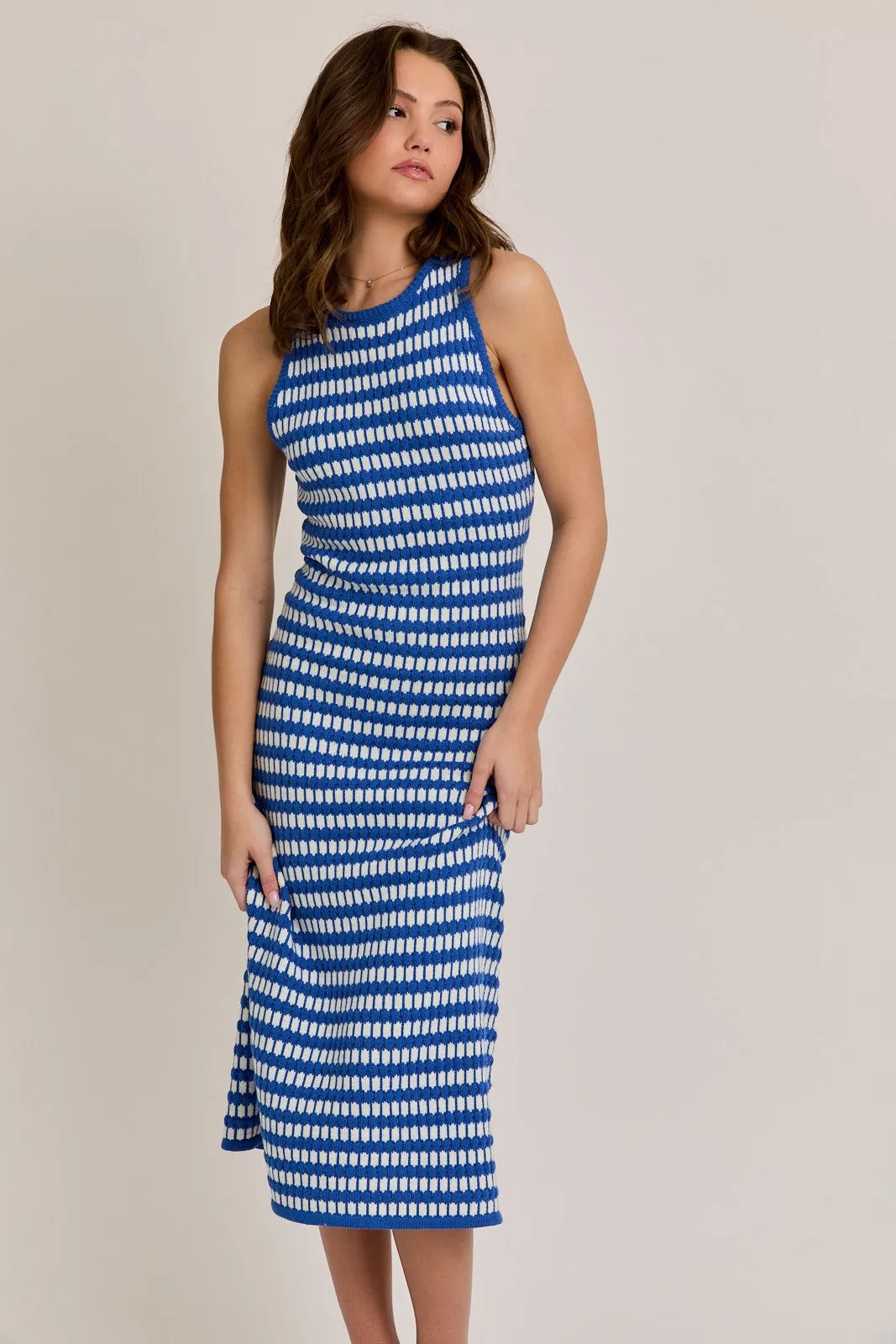 Blue-White Stripe Sleeveless Round Neck Knit Midi Dress sold by Pinkblush product image thumbnail 4