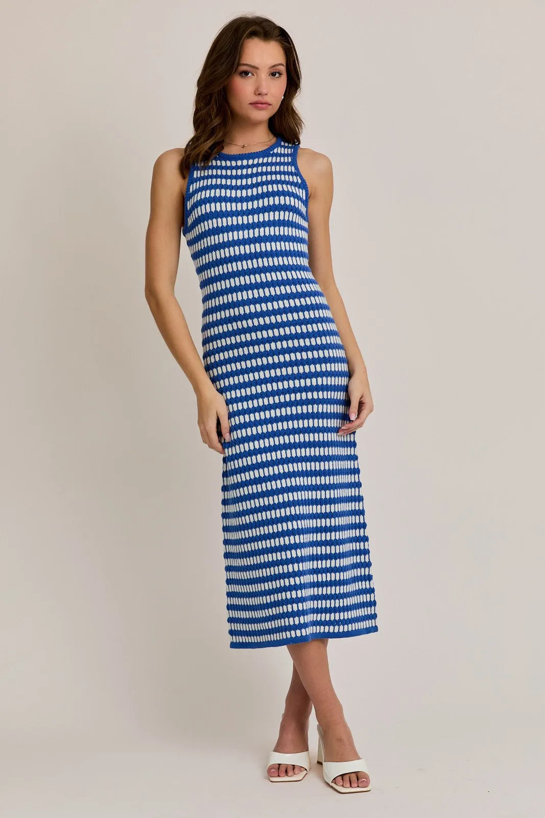 Blue-White Stripe Sleeveless Round Neck Knit Midi Dress sold by Pinkblush