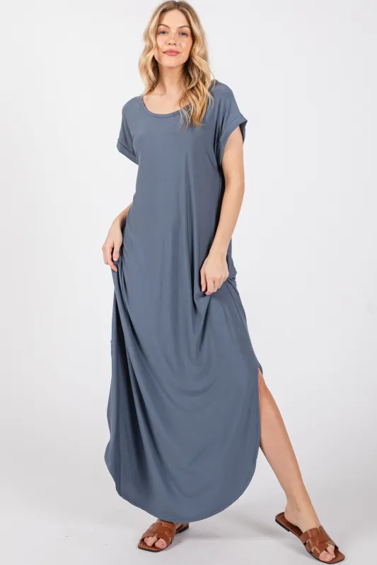 Blue Round Hem Side Slit Maxi Dress sold by Pinkblush
