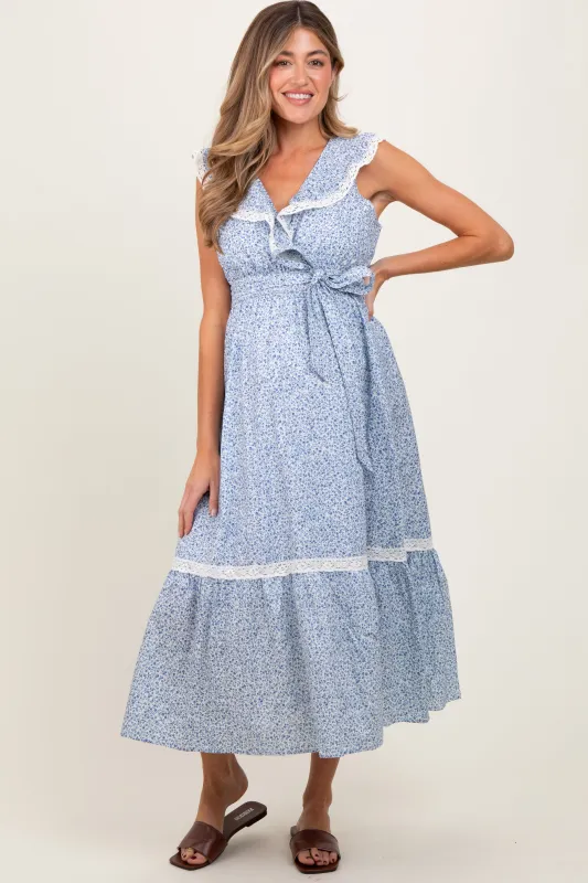 Light Blue Ruffled Floral Cotton Maternity Maxi Dress sold by Pinkblush