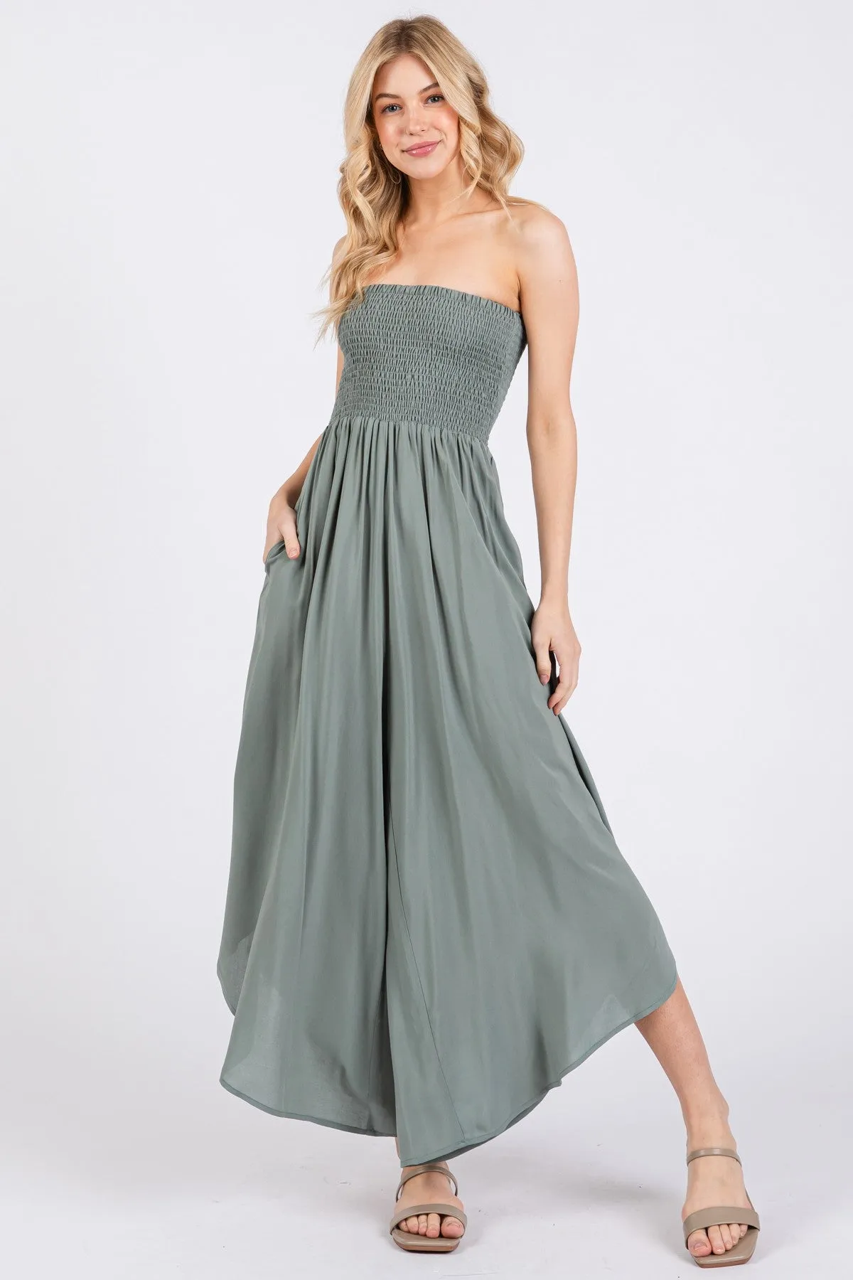 Light Olive Strapless Smocked Tulip Leg Jumpsuit sold by Pinkblush