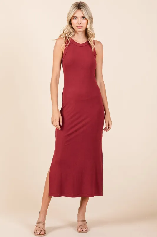 Burgundy Ribbed Side Slit Tank Dress sold by Pinkblush