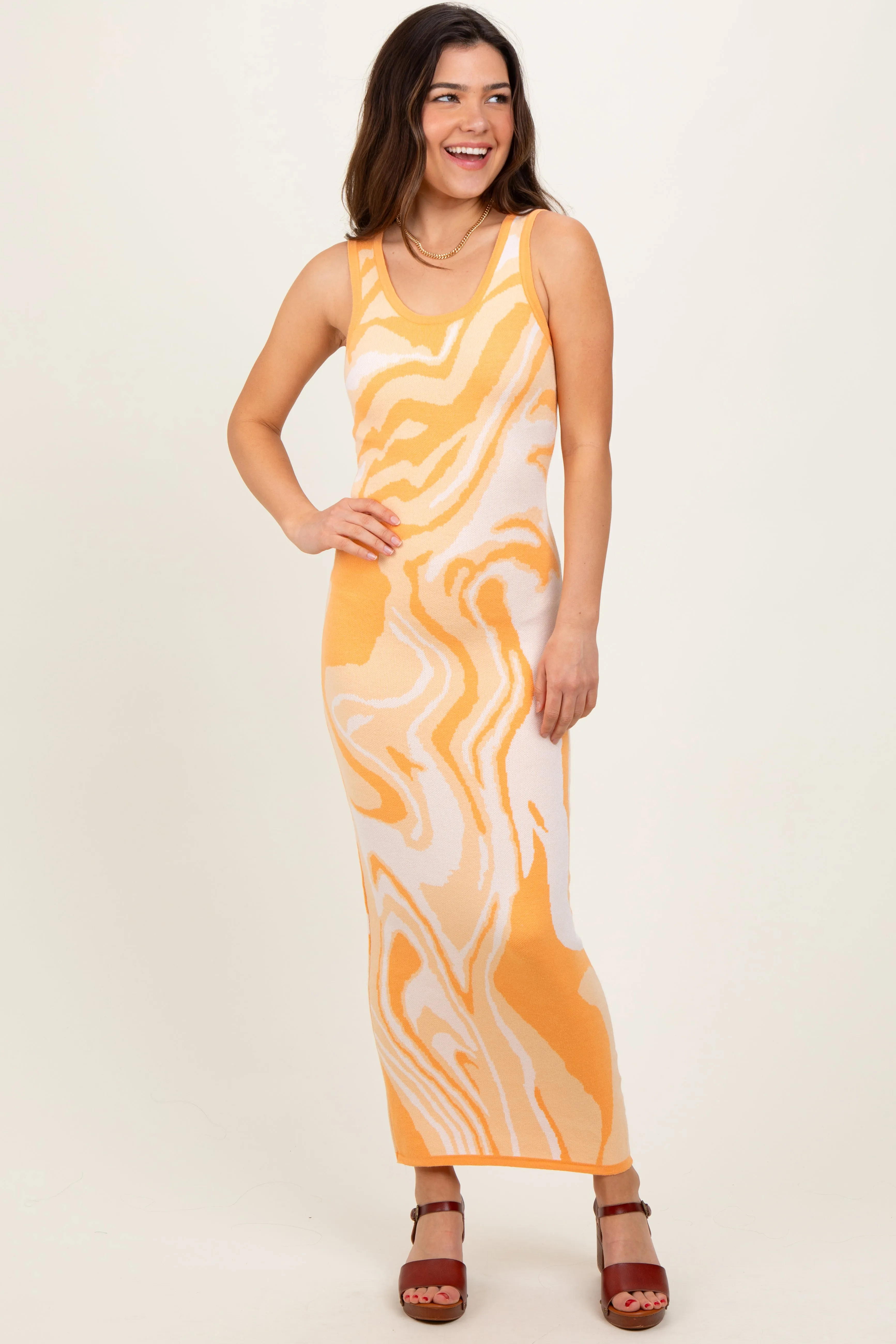 Yellow Abstract Print Knit Fitted Midi Dress sold by Pinkblush product image thumbnail 2