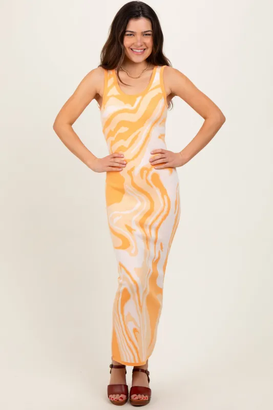 Yellow Abstract Print Knit Fitted Midi Dress sold by Pinkblush
