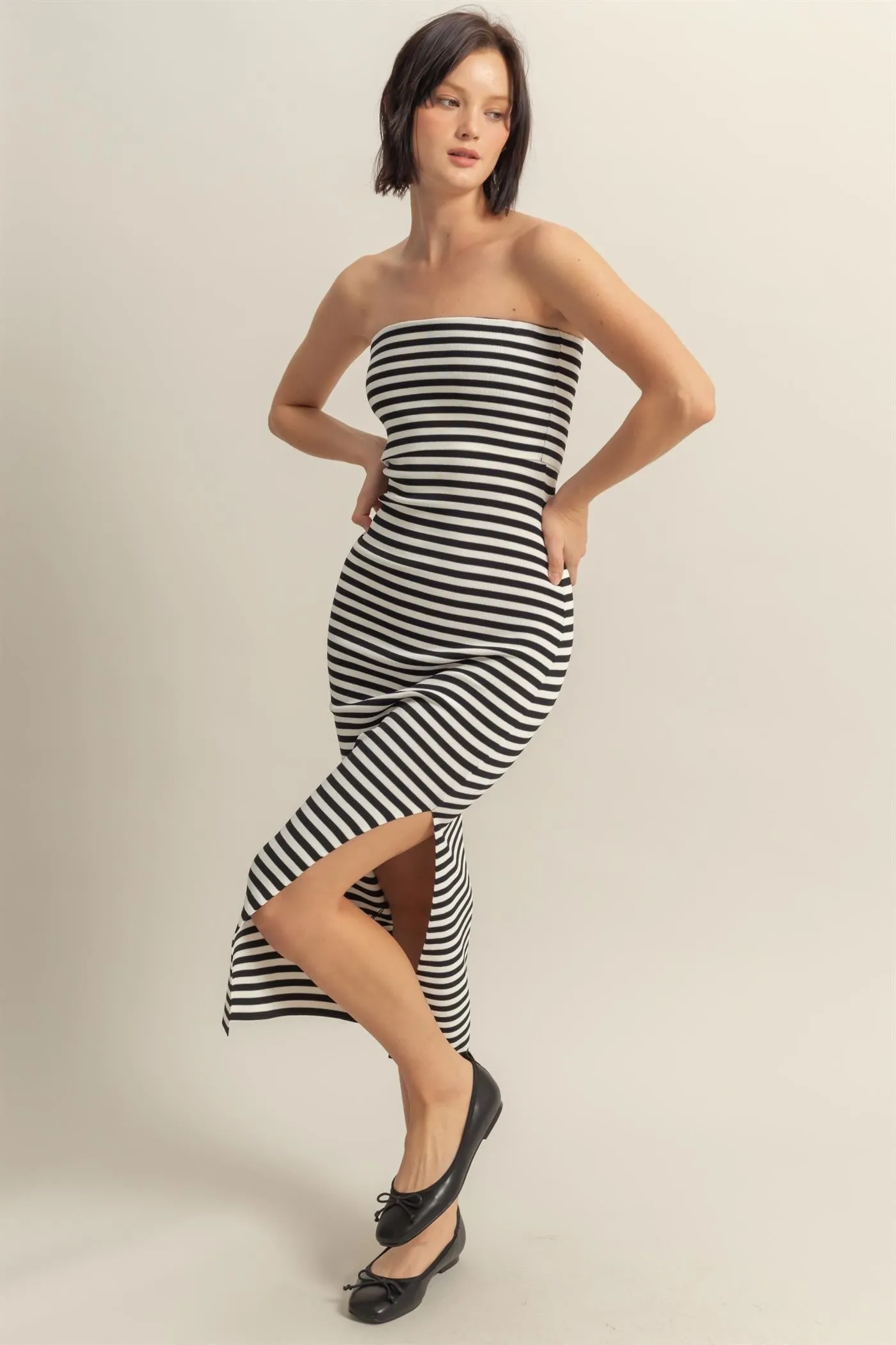 Black/White Striped Strapless Fitted Maxi Dress sold by Pinkblush