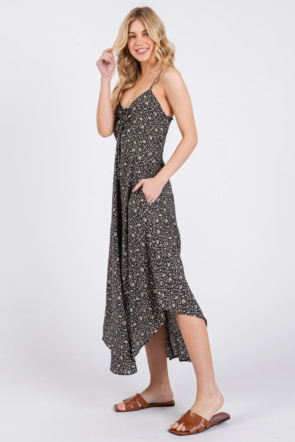 Black Floral Cinched Front Tie Midi Dress sold by Pinkblush product image thumbnail 2