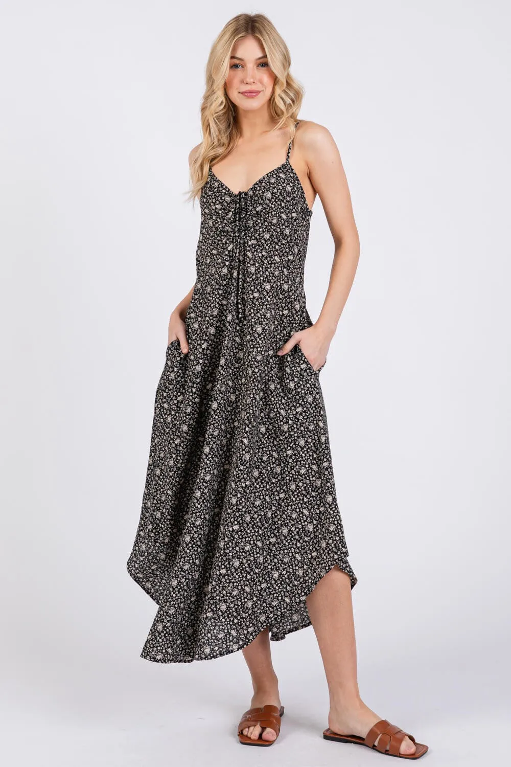 Black Floral Cinched Front Tie Midi Dress sold by Pinkblush