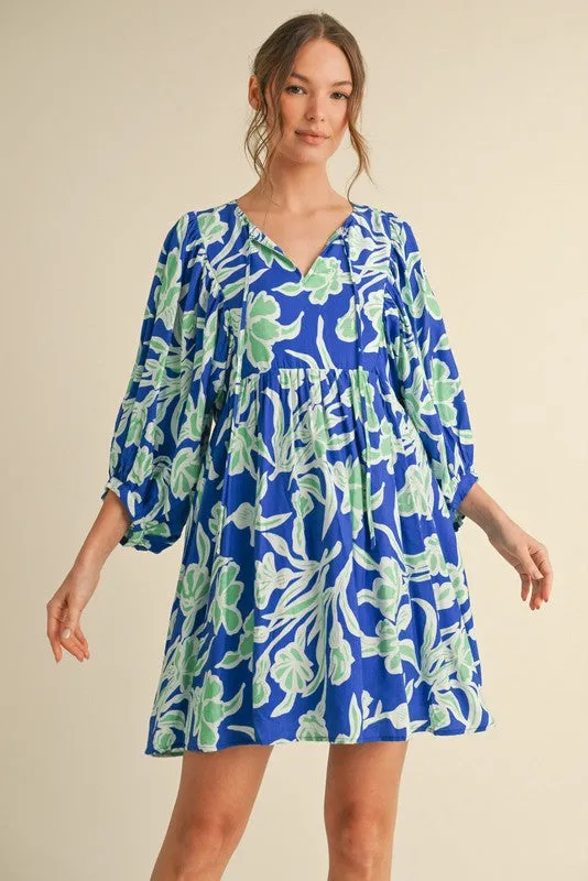 Royal Blue Print 3/4 Balloon Sleeve Dress sold by Pinkblush