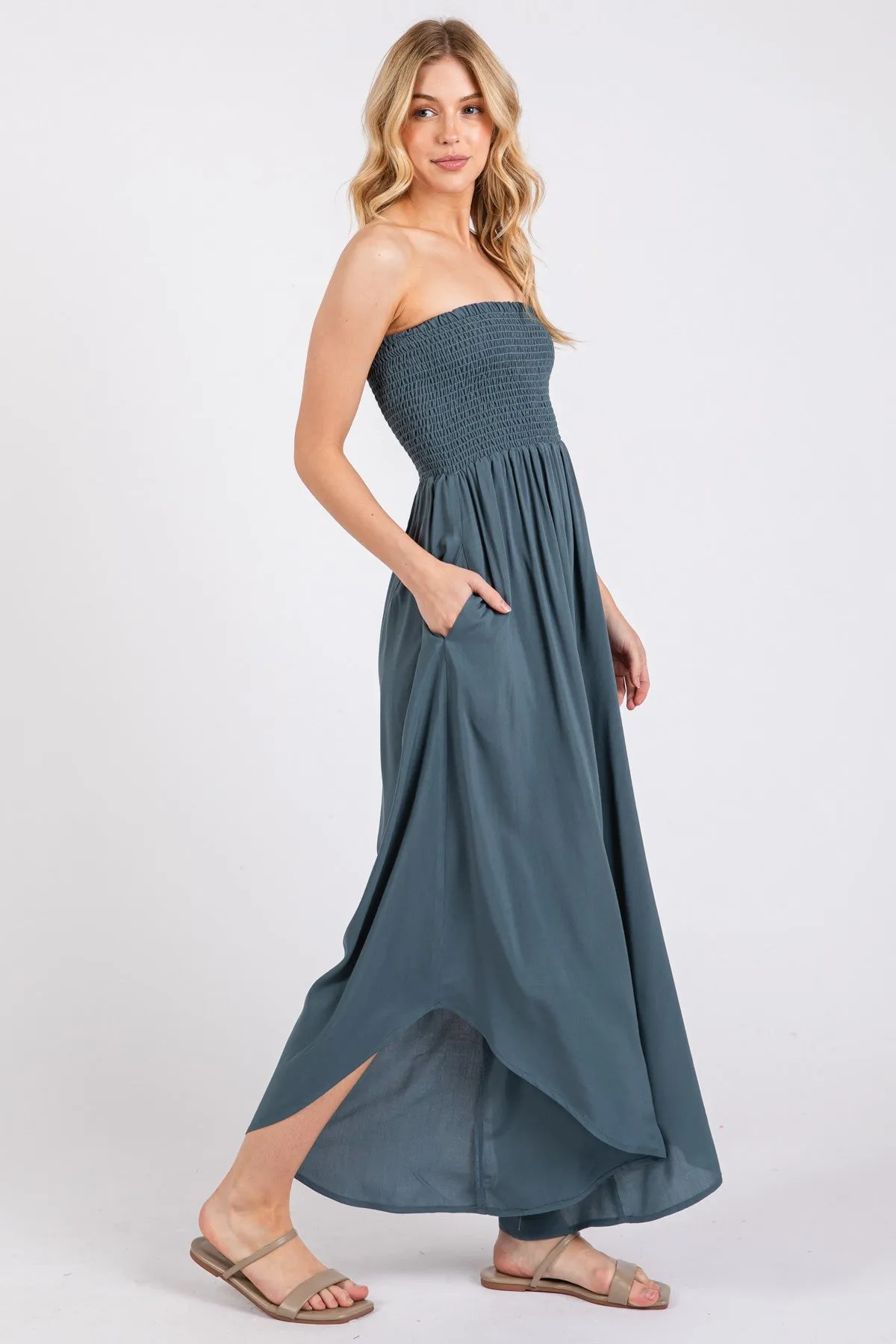 Dark Teal Strapless Smocked Tulip Leg Jumpsuit sold by Pinkblush product image thumbnail 3