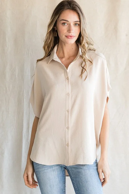 Beige Solid Collared Button-Up Top sold by Pinkblush