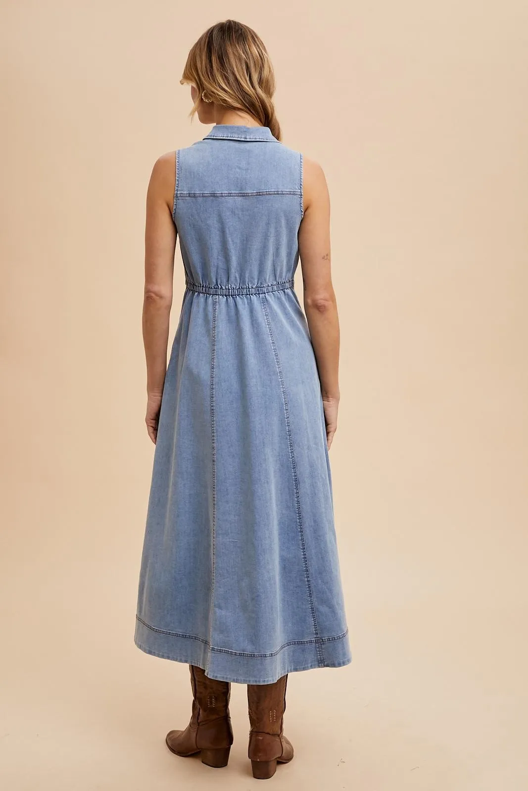 Blue Medium Wash Collared Denim Flare Midi Dress sold by Pinkblush product image thumbnail 3