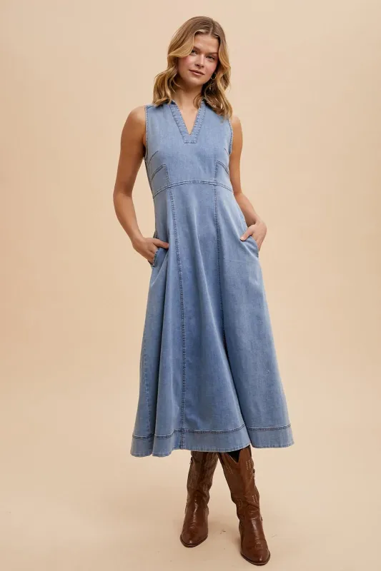 Blue Medium Wash Collared Denim Flare Midi Dress sold by Pinkblush
