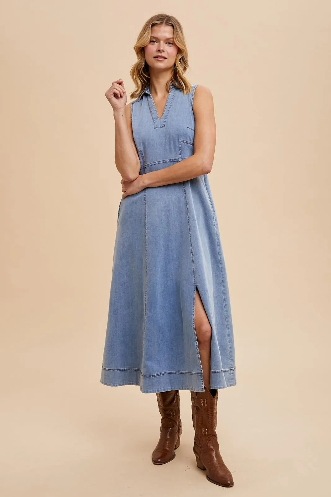 Blue Medium Wash Collared Denim Flare Midi Dress sold by Pinkblush product image thumbnail 2