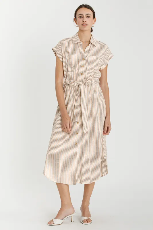 Brown Striped Sash Tie Midi Shirt Dress sold by Pinkblush