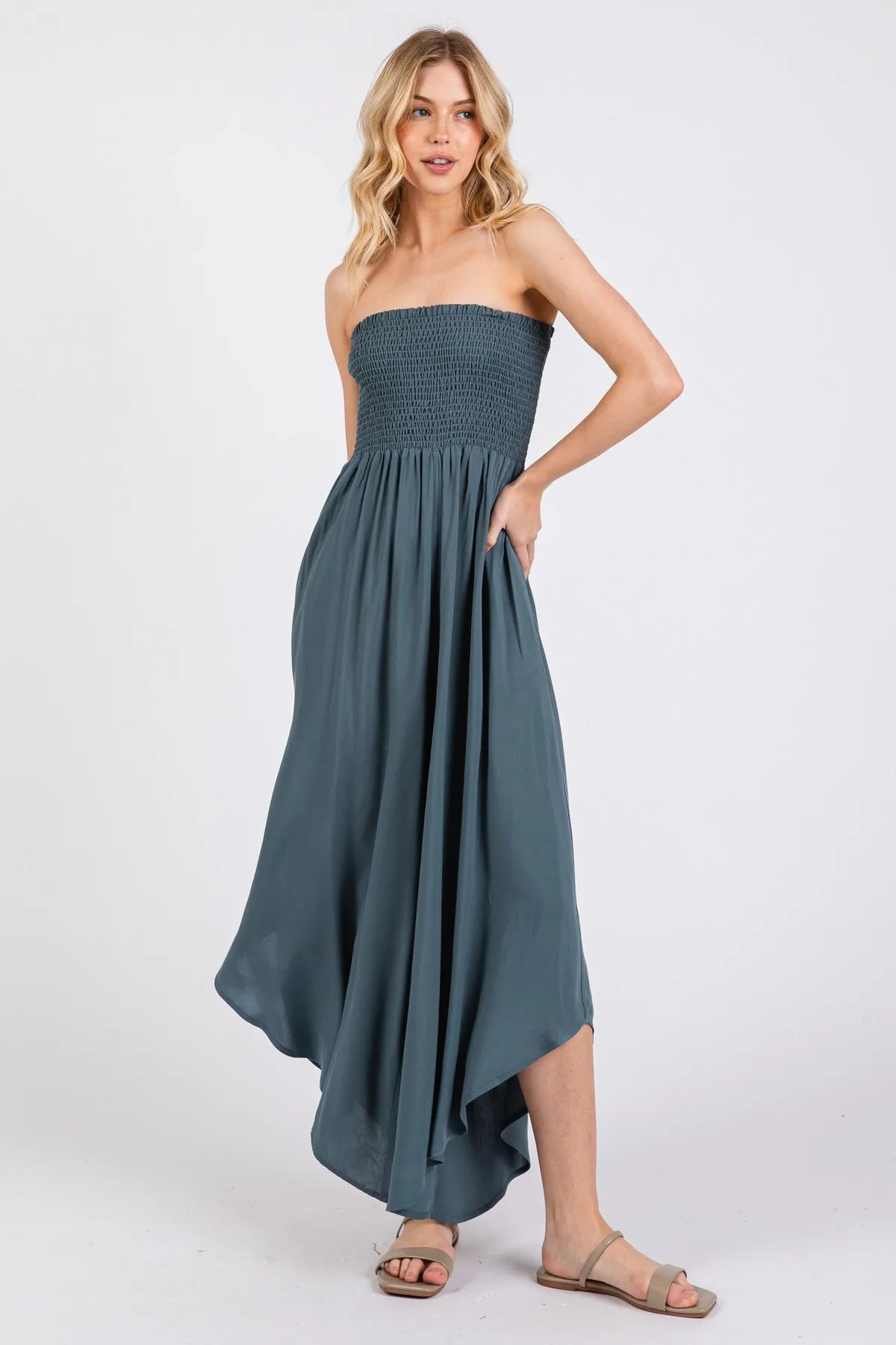 Dark Teal Strapless Smocked Tulip Leg Jumpsuit sold by Pinkblush product image thumbnail 2