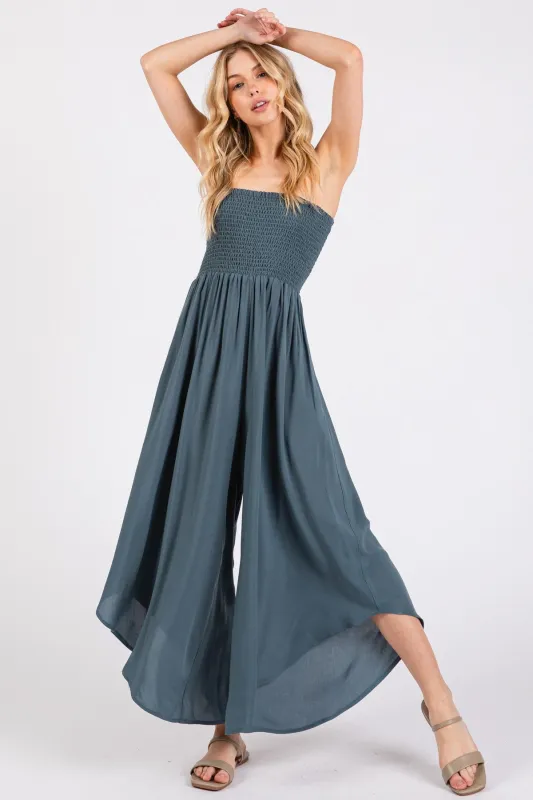 Dark Teal Strapless Smocked Tulip Leg Jumpsuit sold by Pinkblush