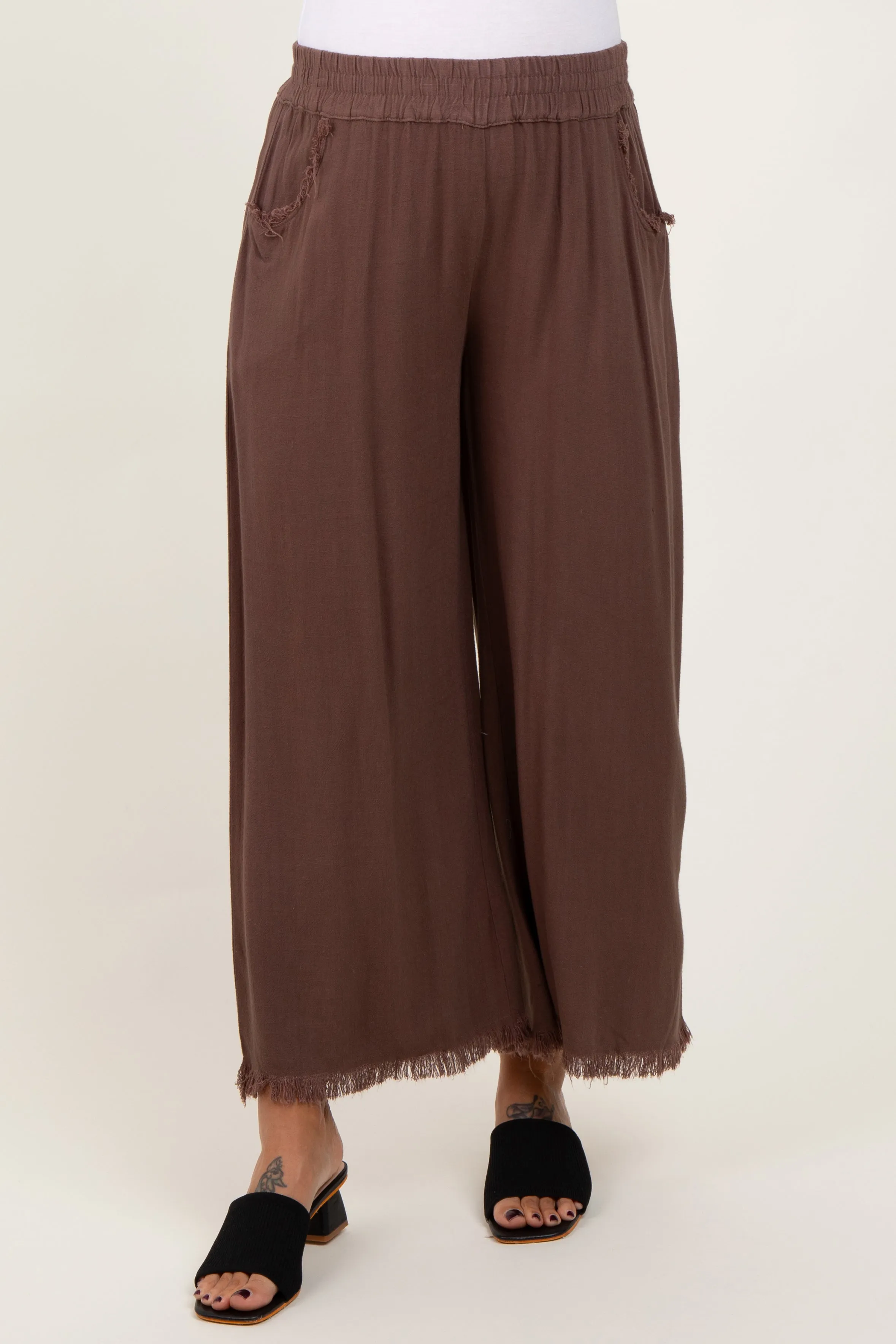 Brown Linen Frayed Hem Crop Maternity Pants sold by Pinkblush product image thumbnail 3