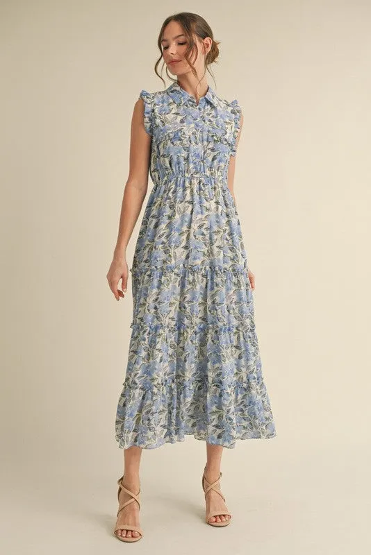 Blue Floral Print Chiffon Tiered Maxi Dress sold by Pinkblush product image thumbnail 2