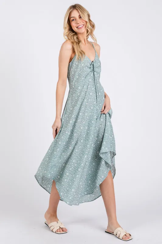 Mint Floral Cinched Front Tie Midi Dress sold by Pinkblush