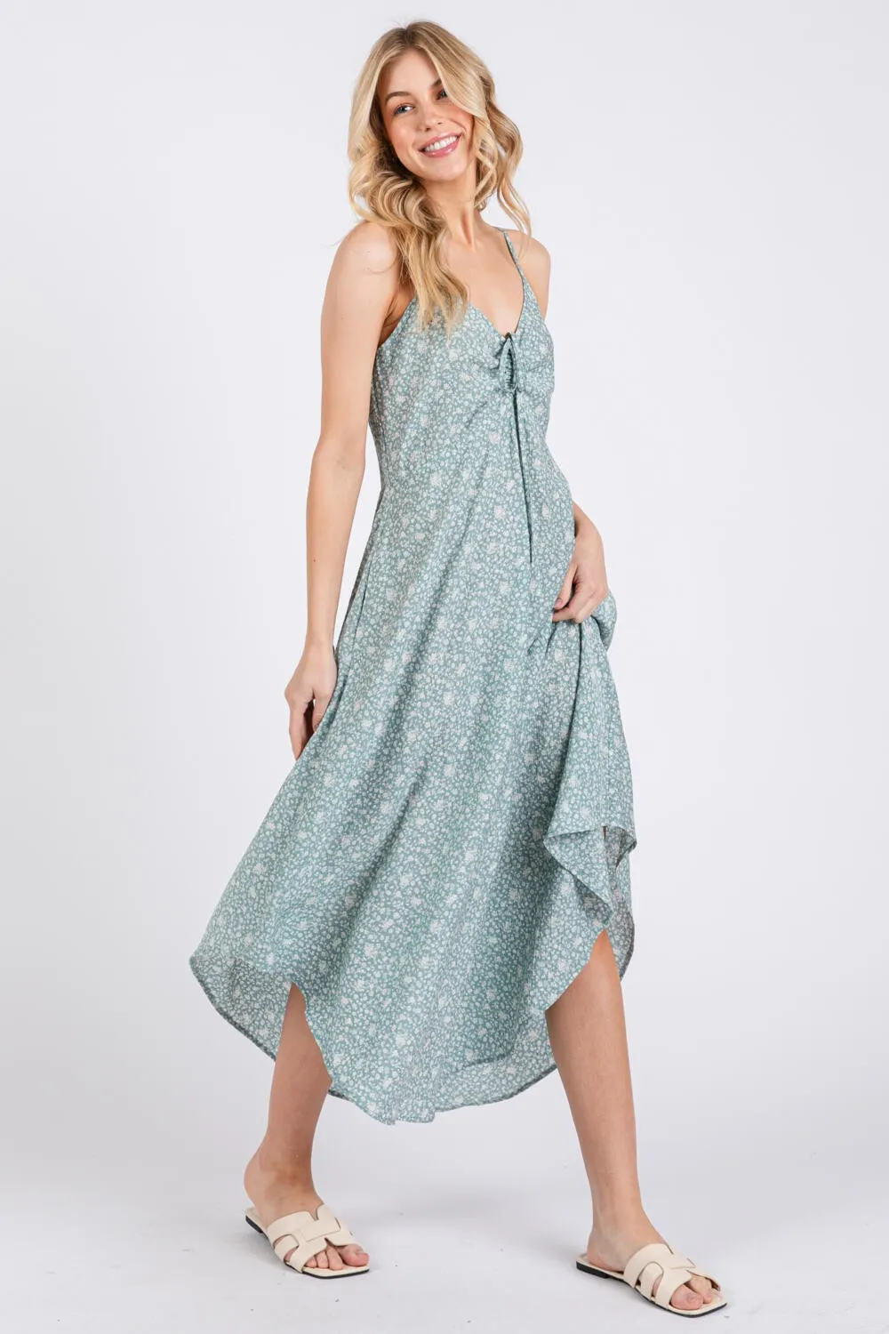 Mint Floral Cinched Front Tie Midi Dress sold by Pinkblush