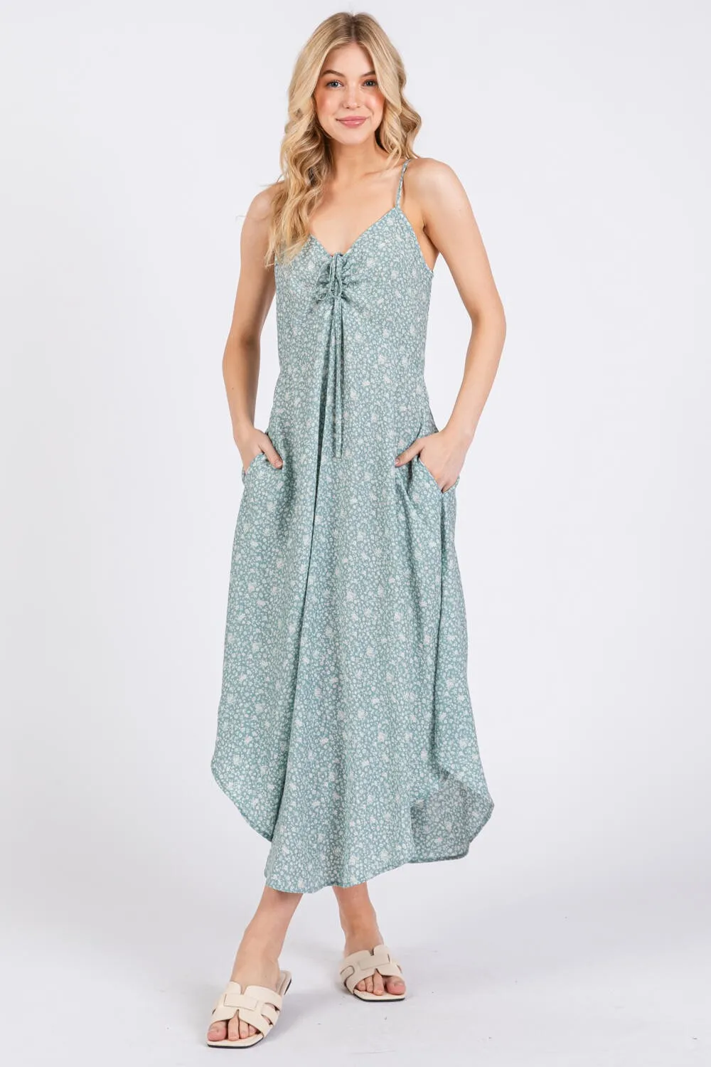 Mint Floral Cinched Front Tie Midi Dress sold by Pinkblush product image thumbnail 5